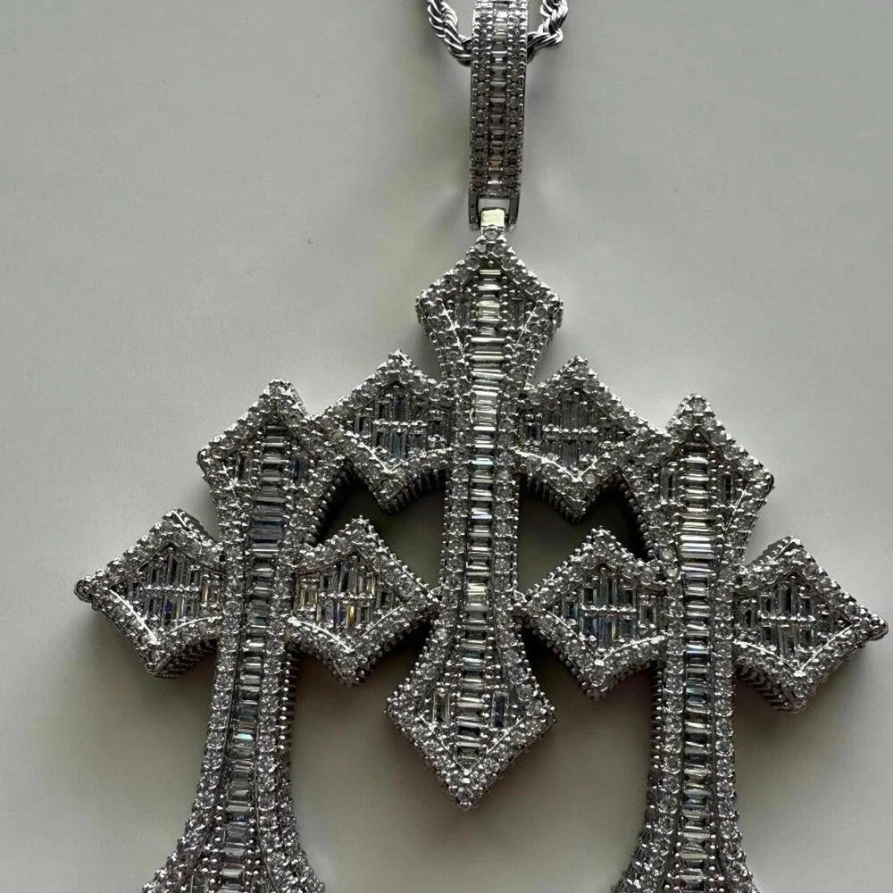 Silver Triple Cross Pendant Necklace 24inch rope chain